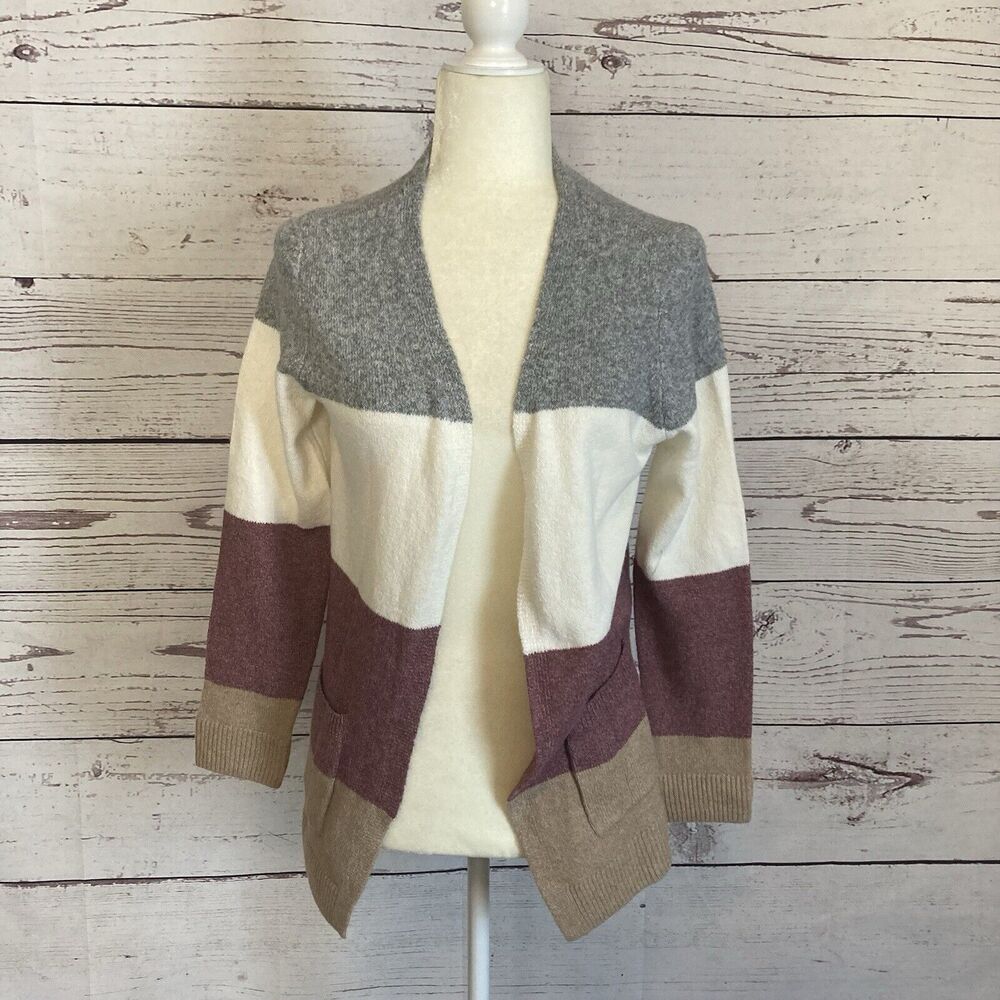 Market Spruce‎ Sweater Womens Medium Stipe Colorblock Open Front Pockets